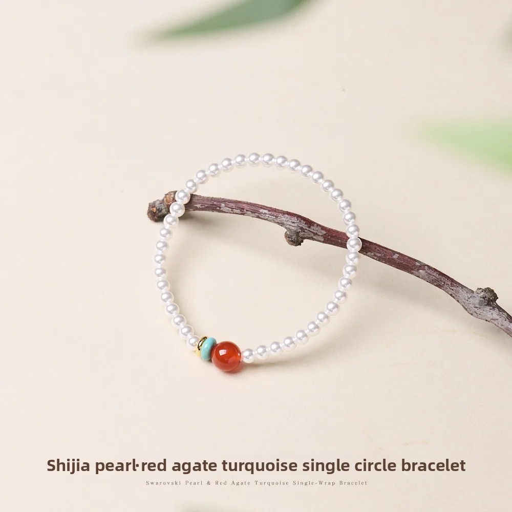 Chinese Style Lucky Blessing Wealth Attracting 4mm Faux Pearl Red Agate Turquoise Single Strand Bracelet For Women Elegant Stack