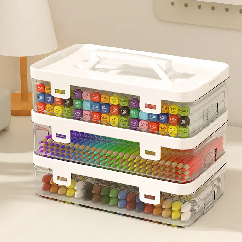 

Transparent Plastic Painting Supplies Tool Box, Mark Pen Storage Box, Handheld Color Lead, Crayon Painting Brush Box, Desktop