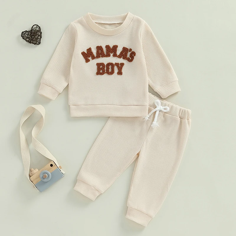 Herbst Baby Kleidung Mamas Junge kleiner Kerl Brief bestickt Langarm Sweatshirt Hosen Waffel Strick Outfit