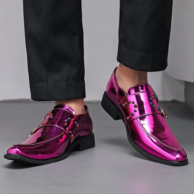 أحذية تشيلسي للرجال PU مدببة برشام مزدوج مشبك المتسكعون الإنجليزية السادة مأدبة ملهى ليلي مصفف الشعر الأحذية #4
