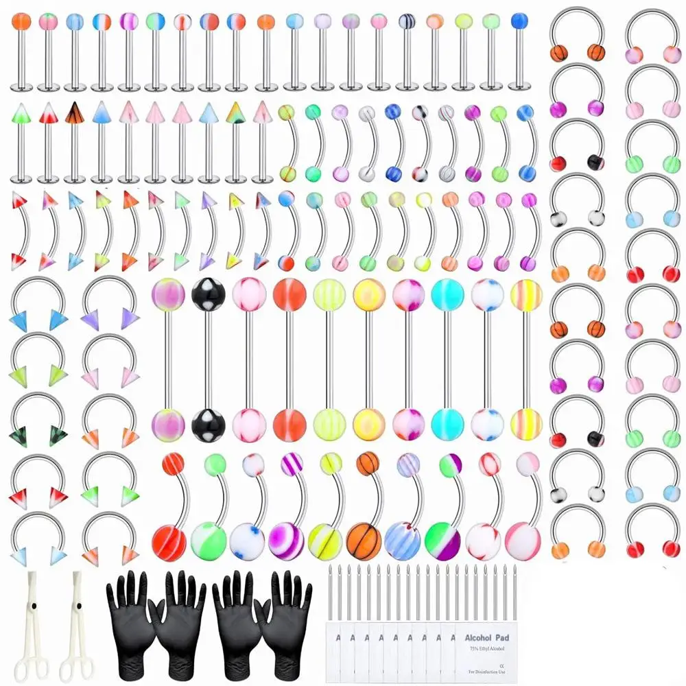 1-146pcs Set Professional All Body Piercing Stainless Steel 14G 16G Colorful Piercing for Belly Button Septum Lip Nose Tongue