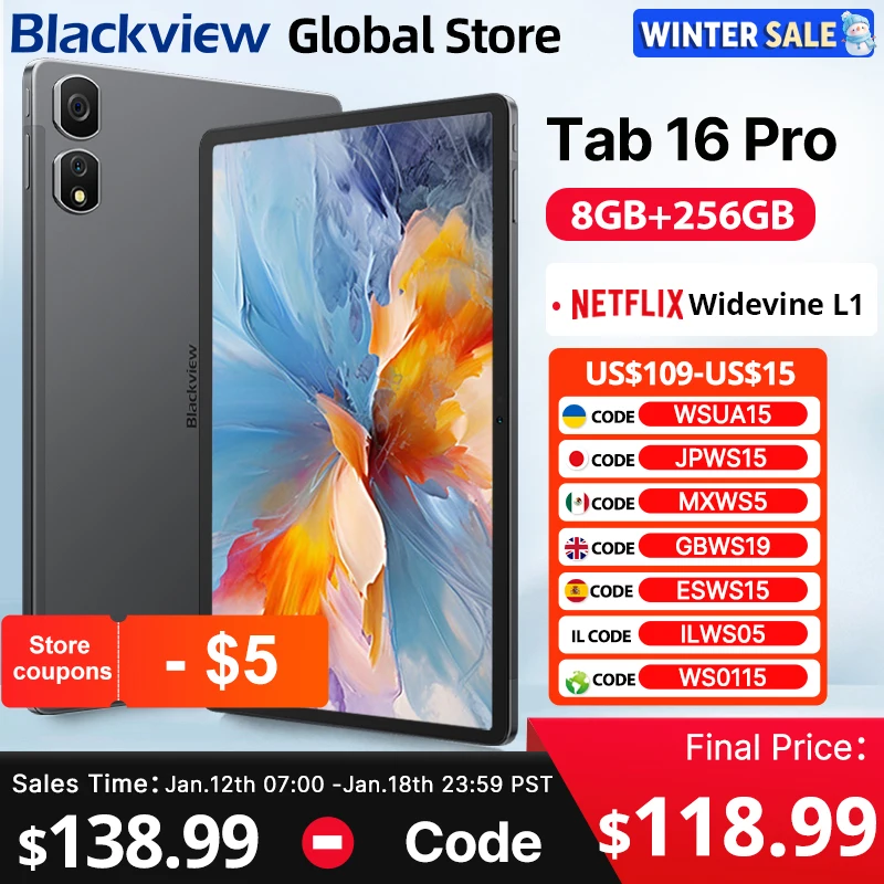 Blackview Tab 16 Pro Tablets 11'' FHD+ Display Widevine L1 8 ГБ 256 ГБ Unisoc T616 Android 14 7700 мАч 4G Tablet Pad PC