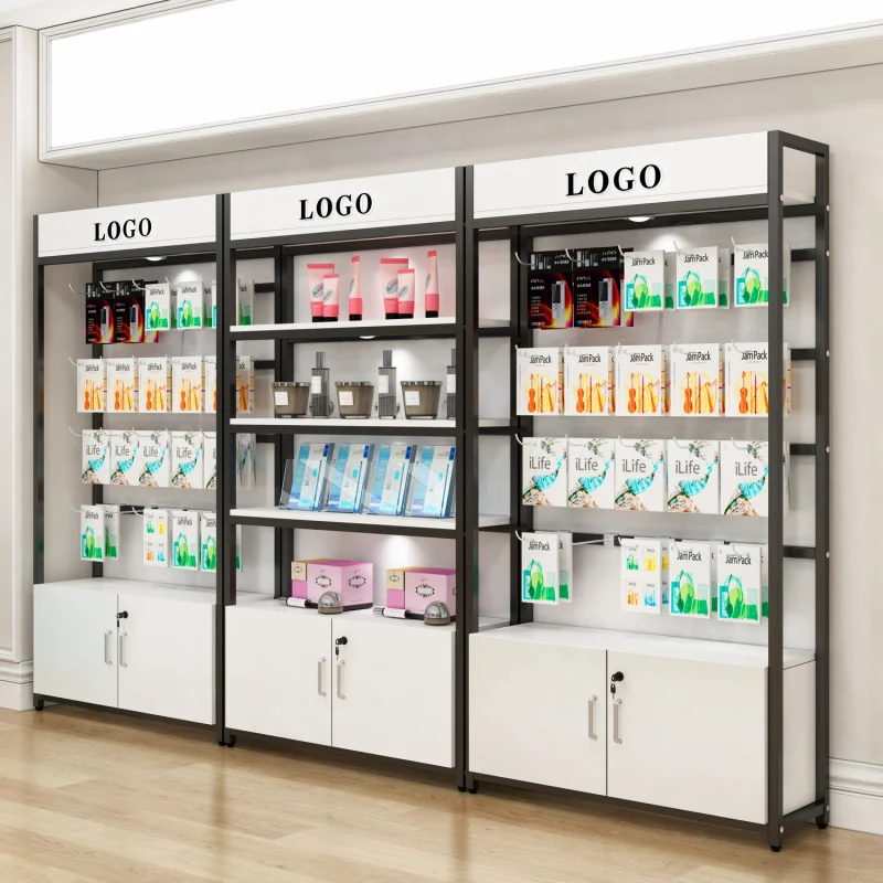 Custom. Supermarket Shelf Display Rack with Cabinet and Hook Boutique Phone Multi-Layer Display Rack Boutique Ornament Shel