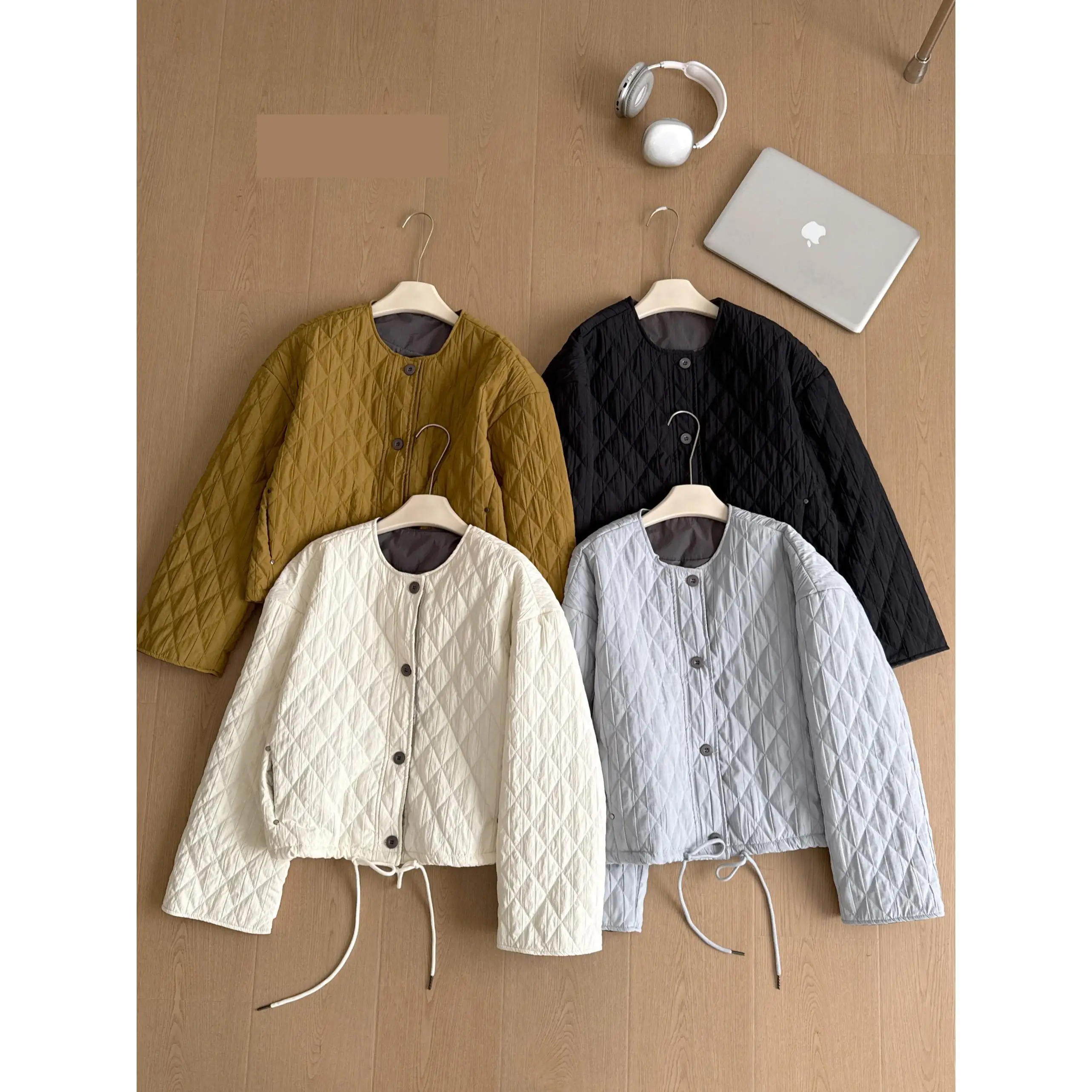 

Women's Autumn Winter Diamond Pattern Long Sleeve Cotton Padded Warm Jacket Lady Casual O Neck Single Breasted Quilted Outwear