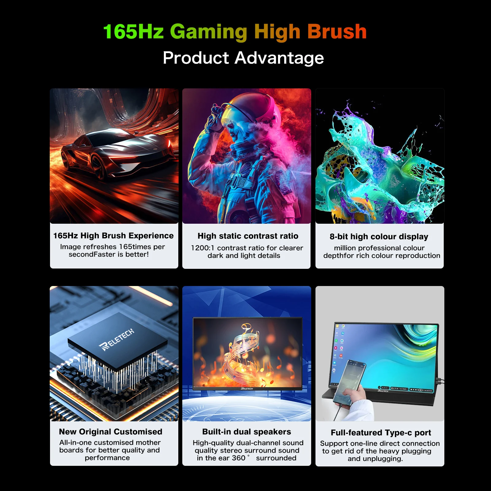 Reletech 16inch Portable Monitor 1600P 100% SRGB 2.5K Gaming Computer Display For Switch Steam Deck PS5 PS4 Xbox Laptop Macbook