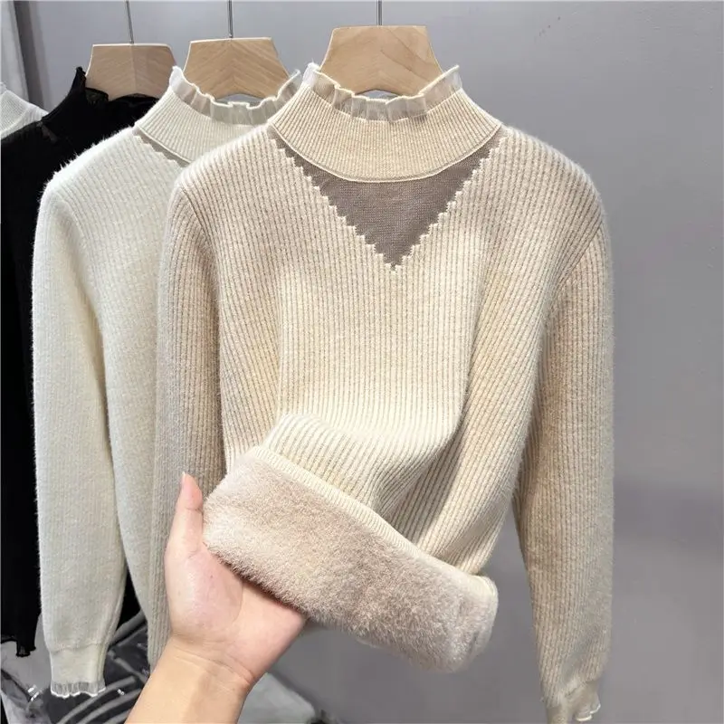 

Solid Color Pullover Lace Patchwork Women's Clothing Long Sleeve Autumn Winter Half High Collar Sweater Knitted Elegant Tops