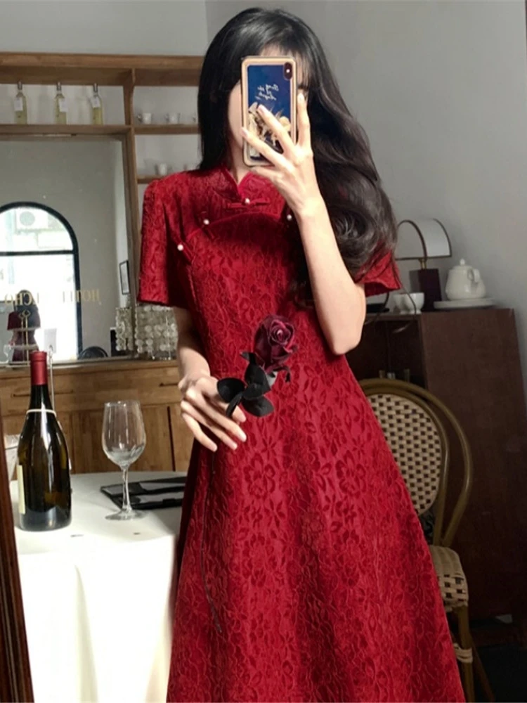 

Элегантное красное китайское летнее женское модное платье миди с рукавами-фонариками, облегающее, однотонное