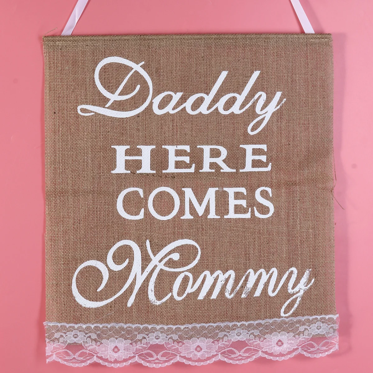 

Daddy Here Comes Mommy Burlap Banner Rustic Vintage Wedding Hanging Decoration Lace Bottom Bunting Country Style Celebration