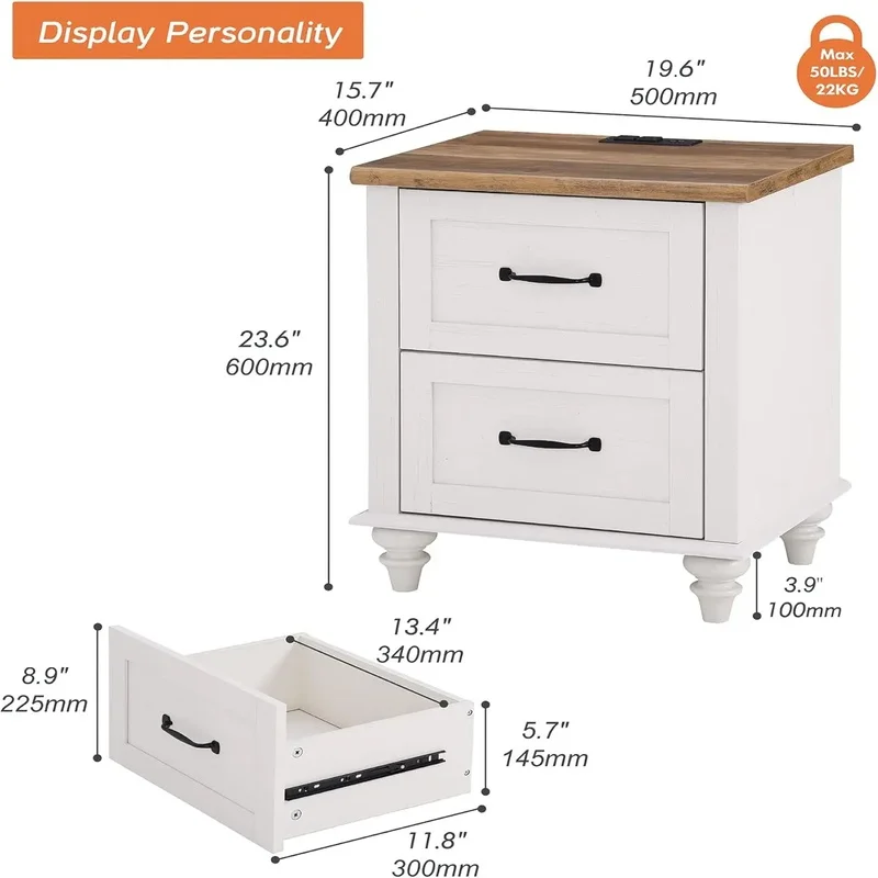 

Set of 2 Night Stands with 2 Drawers, Mid-Century Modern Nightstands with Charging Station, Off White Bedside Table