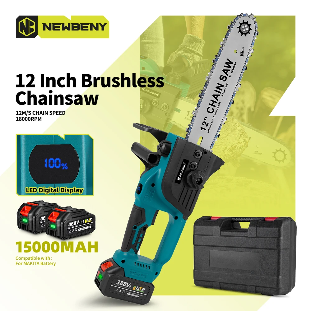 NEWBENY 12 Inch Brushless Electric Chainsaw With Oiler Cordless Garden Woodworking Cutting Tool Machine For Makita 18V Battery