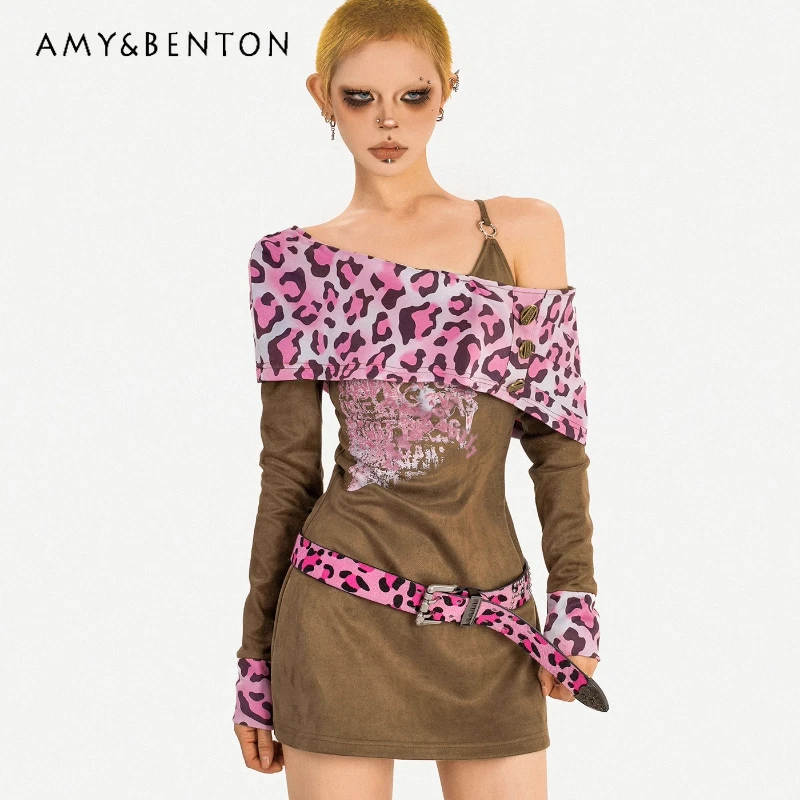 

Original Design Retro Hot Girl Pink Leopard Print Splicing Women's Dress Gothic Autumn New Slimming Sexy Slimming Dresses Ladies