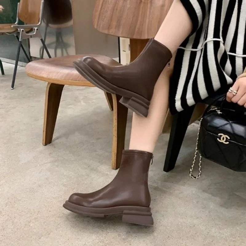 Skinny Boots Womens Ankle Boot Black Fall-Winter 2024 Round Toe Boots Platform  Boot Block Heel Stretch Boots