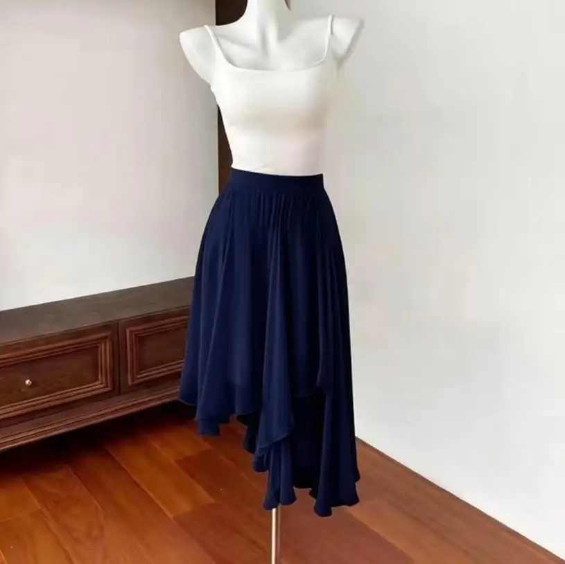 Falda coreana de cintura alta con corte en A para mujer, holgada, informal, irregular, con encaje, de media longitud, sexy, para fiesta, primavera, verano, talla grande