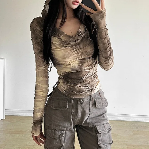 2026 Spring and Summer New Hooded Long-sleeved Swing Collar Slim-fitting Old Short Top