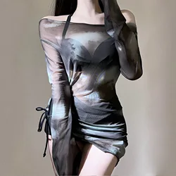sexy Korean fashion tie dye print bikinis shorts sets three pieces with drawstring cover mesh smock swimwear cute beach outfits