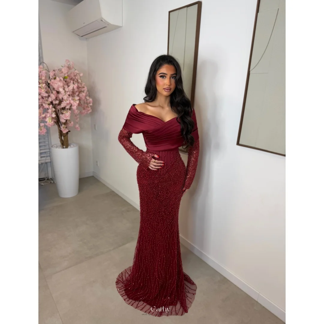 

Cathy Customized Burgundy Off The Shoulder Beads Prom Dress Long Sleeves Mermaid vestidos de noiva Zip Back Floor-Length Formal