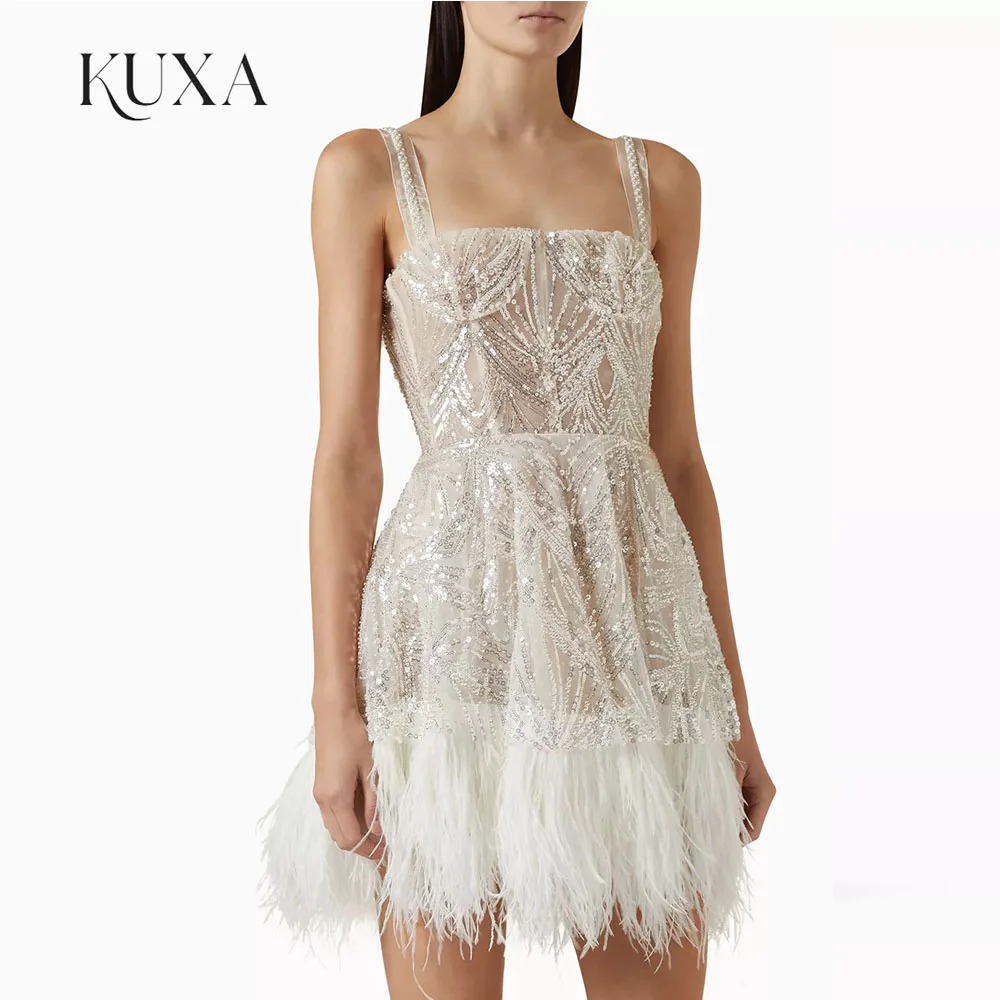 KUXA Customized Square Neck Reception Mini Wedding Dresses Beaded Wide Straps Sequins Details Feather Hem Short Bridal Gown