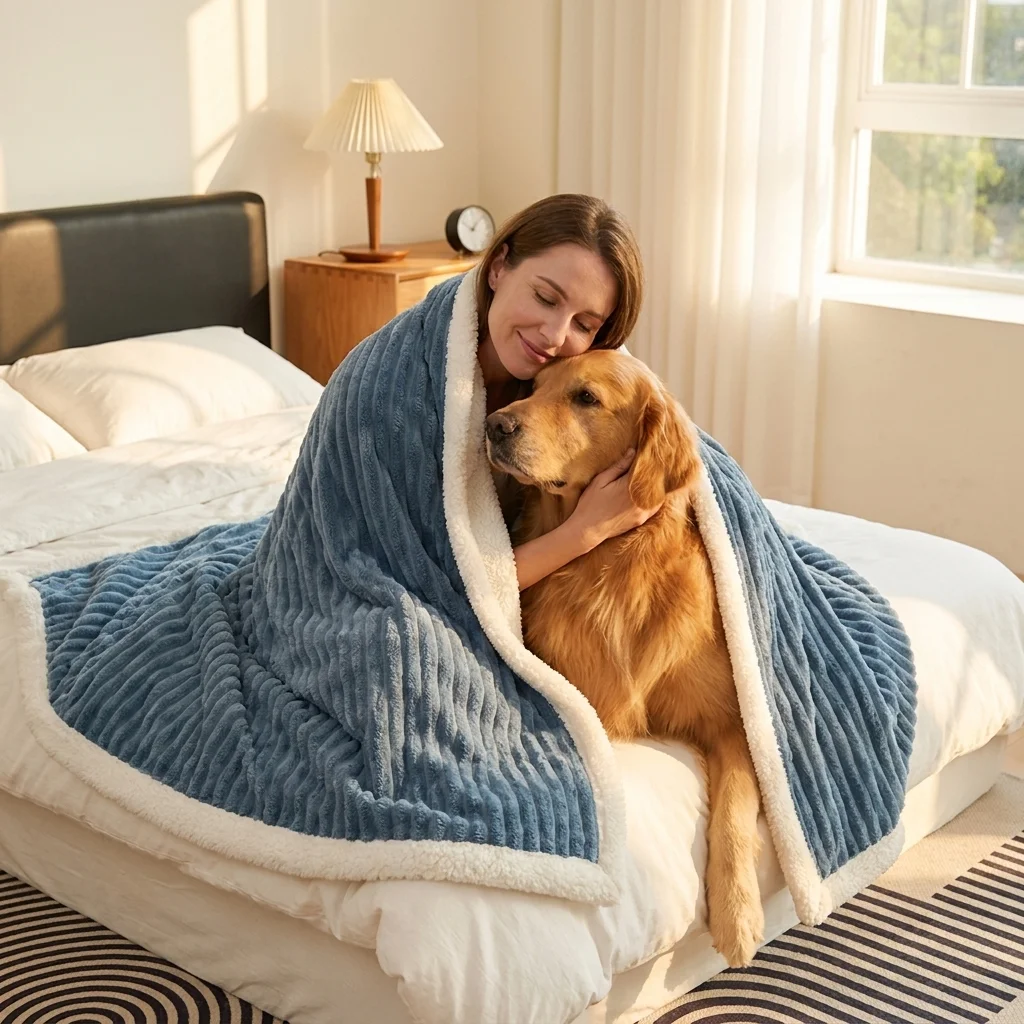 Double Layer Ribbed Fleece Throw  Textured Stripe Soft Plush  Cozy Warm Fuzzy for Sofa   Winter