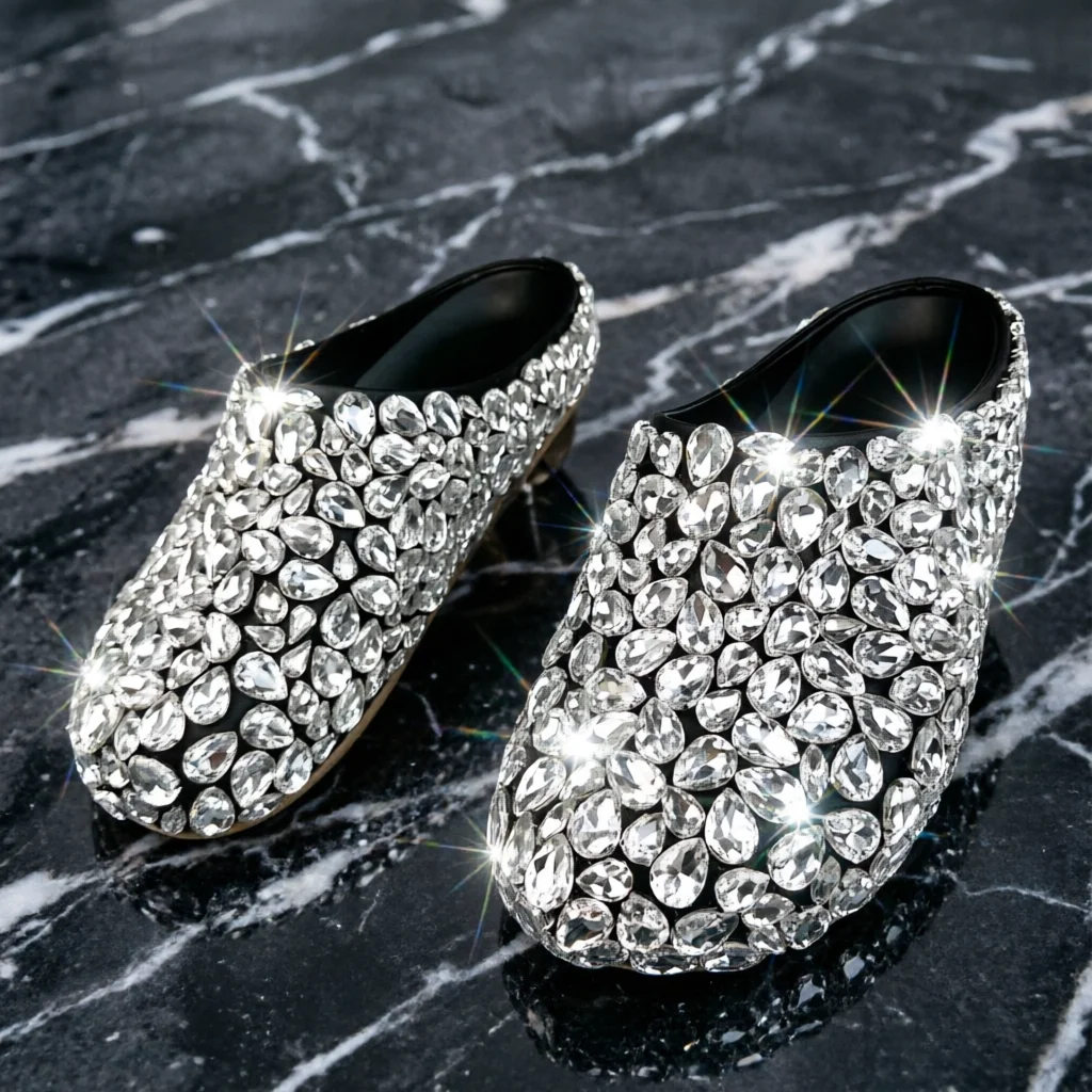 

Женские блестящие тапочки с кристаллами, серебристые, с крупными стразами, с круглым носком, модные повседневные туфли с блестками
