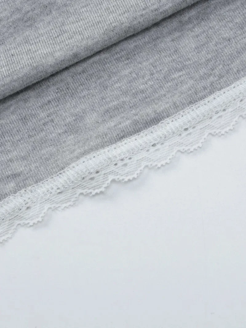 موضة عادية كم طويل رمادي تي شيرت للنساء Y2K الدانتيل المرقعة Bowknot سليم تي شيرت الفتيات ساحة طوق اقتصاص القمم تيز #6