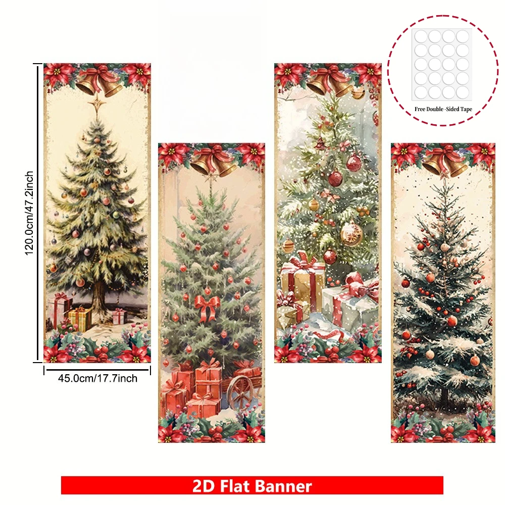 2D FLAT 4 pcs Polyester Christmas Party Packs Banners With Snowy Tree Design, Golden Ornaments & Gift Boxes - Festive Wall Decor