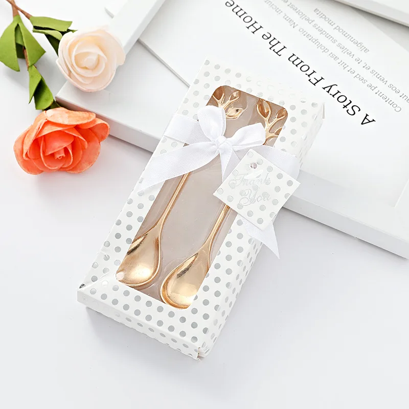 

(50Pcs=25Boxes) Plant themed Wedding favors of Leaf Coffee Spoons gifts for Bridal showers and Gold Party Favors Souvenirs