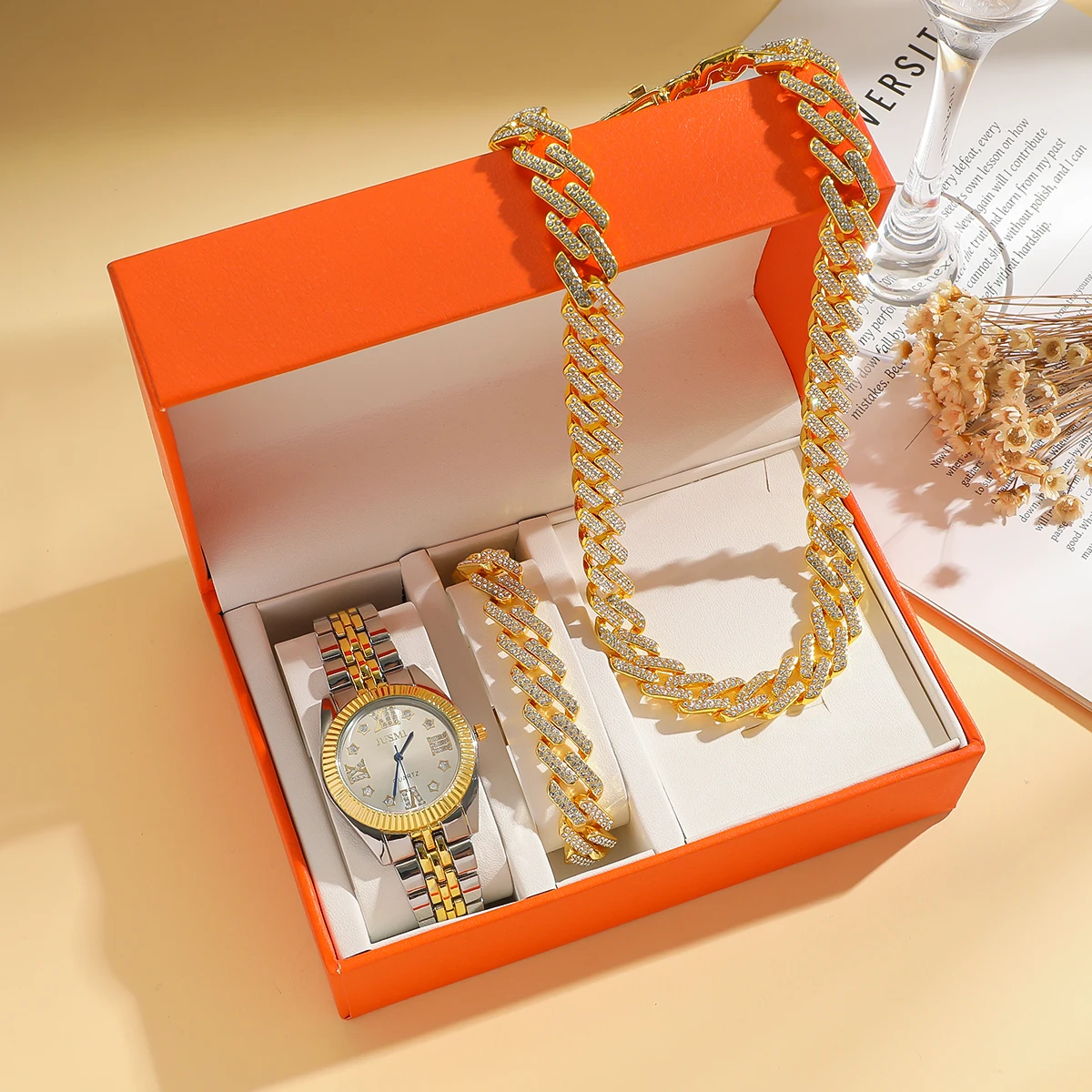 

Fashionable diamond-encrusted business steel band alloy men's quartz watch three-piece set, suitable for Christmas and Halloween