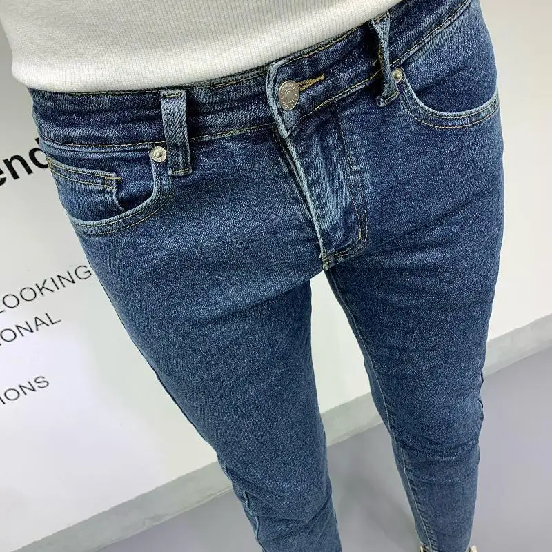 New Men's Slim Denim Jeans Casual Spring and Autumn Stretchy Skinny Pants Korean Style Trendy Cowboy Hip Hop Cropped Trousers