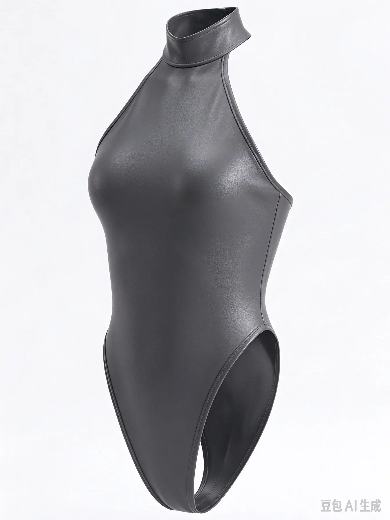 Women Matte Dark Grey Double-Face PU Leather Halter Bodysuit Back Buckle Sleeveless High Cut Slim Club Stage Costume
