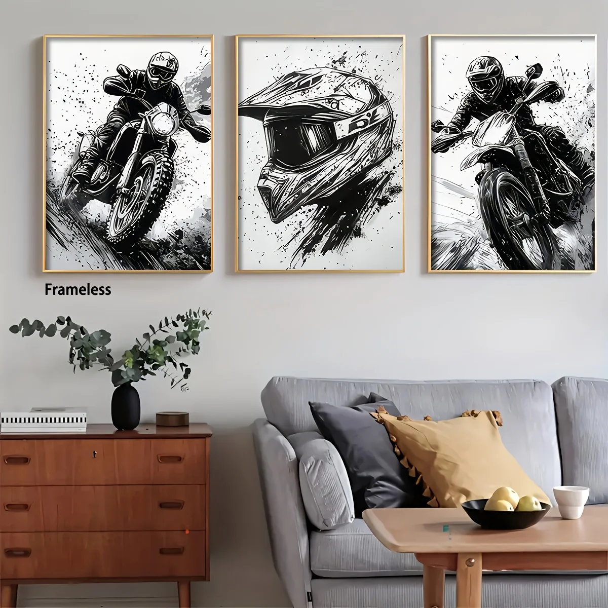 （Noframe 3PCS）-2D Flat, 3pcs Modern Dirt Bike Wall Art Frameless Vertical Poster - Black & White Motocross Rider Off-Road Sui