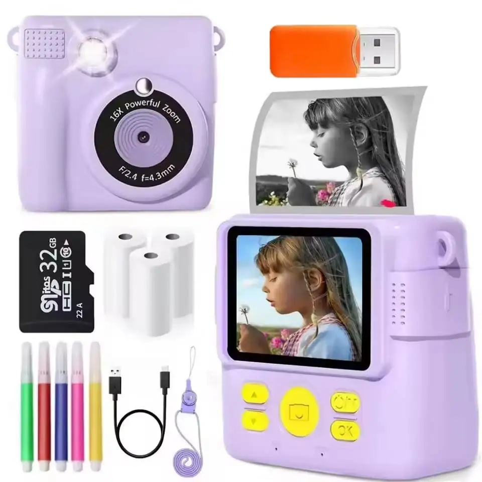 1080P HD Video Camera Portable Instant Print Camera for Kids with 3 Rolls Photo Paper and 32GB Card Perfect Toy Toddlers