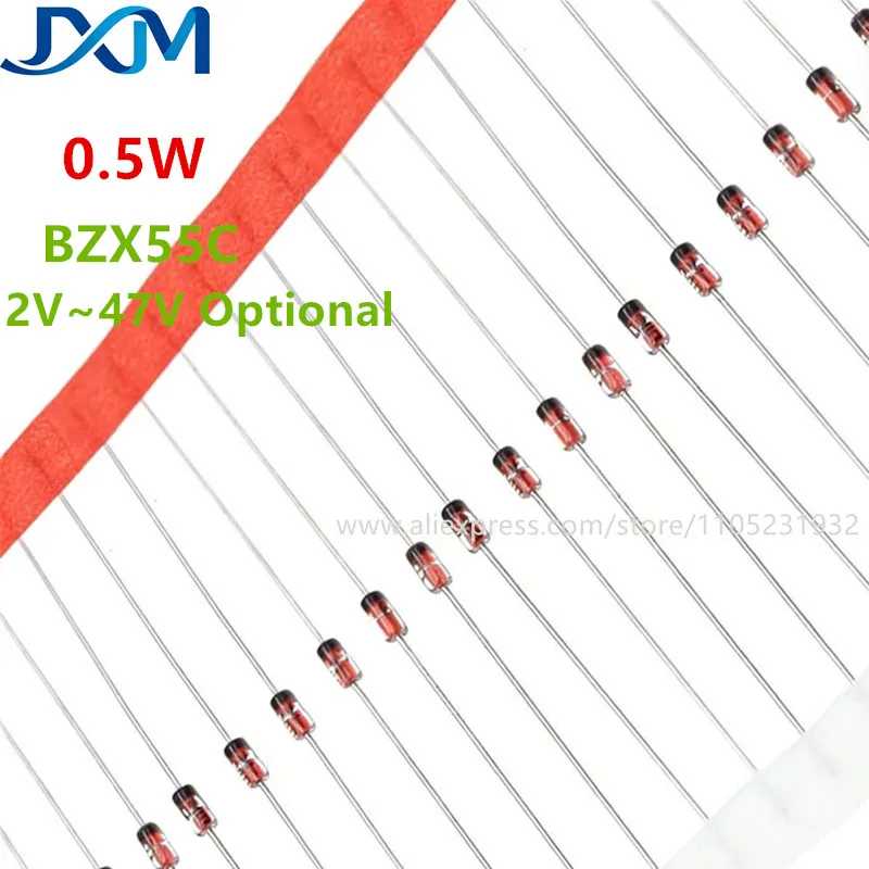 100pcs/lot 0.5W BZX55C 2V2 2V7 3V3 3V6 4V7 5V1 5V6 6V2 6V8 7V5 8V2 9V1 10V12V13V15V16V18V20V24V30V33V47V 1/2W DO-35 Diode Zener