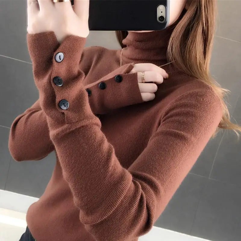 Women's Clothing Solid Color Button Long Sleeve Pullover Half High Collar Sweater Knitted Elegant Autumn Winter Commute Tops