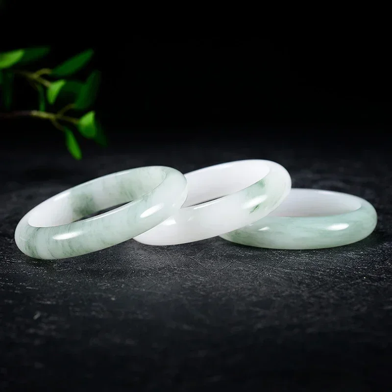 

1pcs Tianshan Green Kunlun Bangle White Waxy Gold Silk Jadeite Stone Bracelet Women's Jewelry