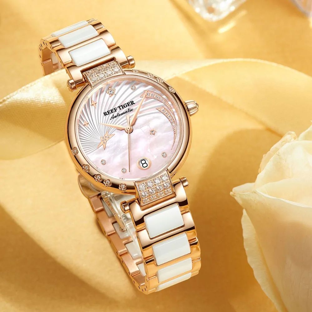 Reef Tiger/RT Brand Luxury Rose Gold Women Watch Diamond Polaris Dial Automatic Bracelet Watches New Love Galaxy RGA1592