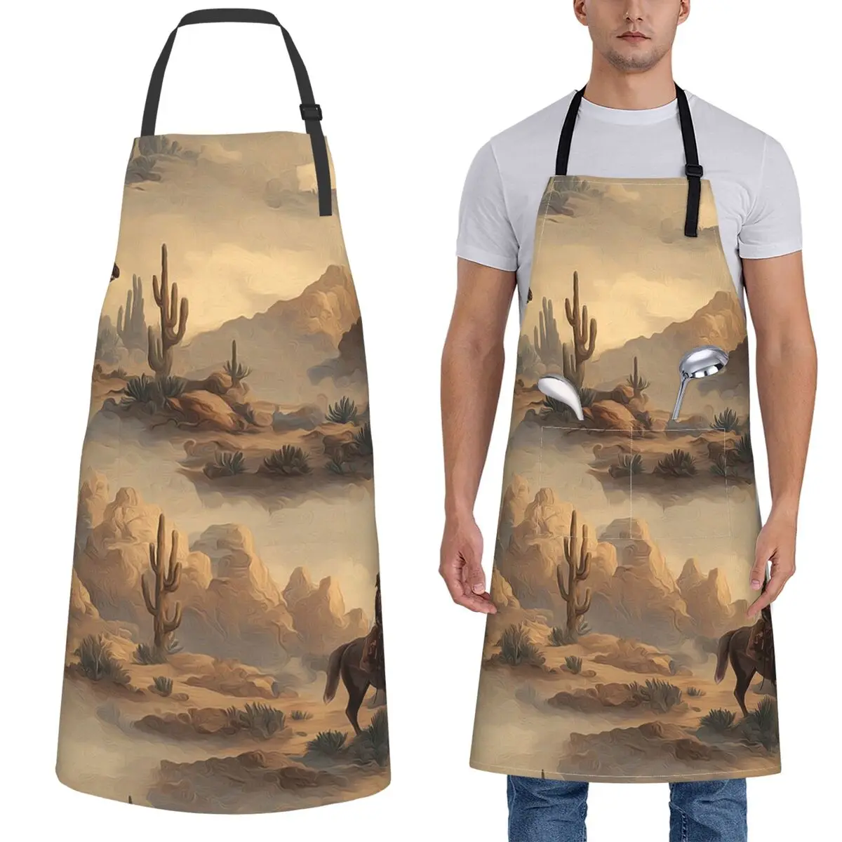 

Cowboy In Desert Western Landscape Pattern Apron Chef Cuisine Tablier Waterproof Bib Kitchen Pinafore for Women Men Gardening