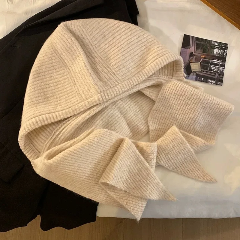 Women Winter Solid‑Tone Knitted Hooded Warm Balaclava Hat‑Scarf 2in1 Combined Neck Gaiter Casual Outdoor Chilly‑Weather  Shawl