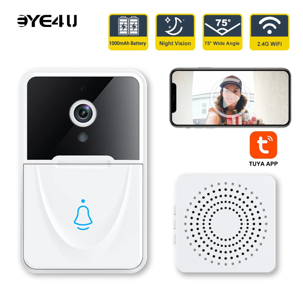 Tuya Wireless WiFi Video Doorbell Phone Two Way Intercom System Night Vision Door Bell Camera Wide Angle Home Security Doorbell