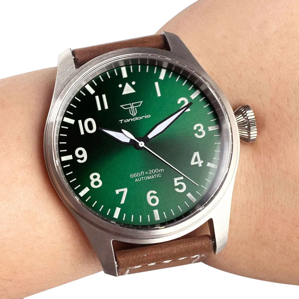 Luxus Tandorio 20ATM Diver Pilot 43mm NH35 PT5000 Automatikwerk Herrenuhr Saphir Lume Grün Schwarz Blaues Zifferblatt Glasrückseite 5