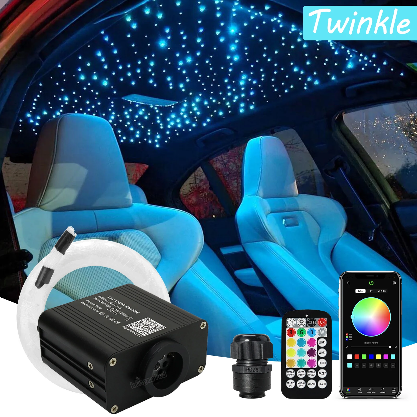 Nowy zestaw oświetlenia sufitowego Twinkle RGBW o mocy 16 W z inteligentną aplikacją do sterowania dźwiękiem Silnik LED do samochodowego światła światłowodowego Starry Sky