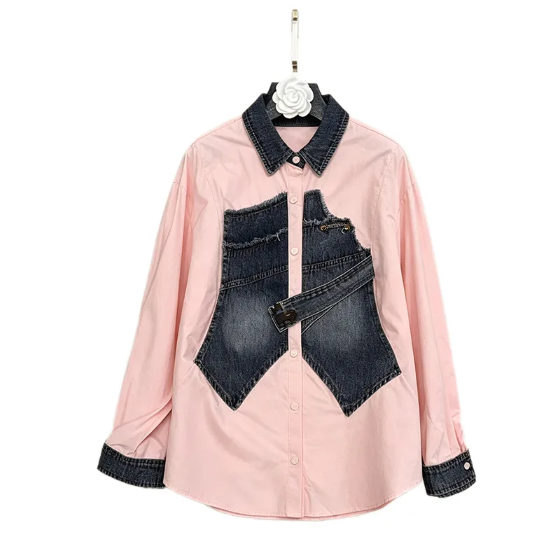 SuperAen Korean-style Contrast Color Long-sleeved Pink Shirt Denim Patchwork Decoration Office Lady Fashion Shirts
