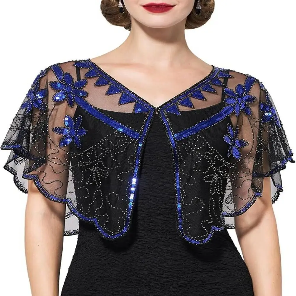 Retro Sequins Poncho Coat Bling Bling Vintage Style Sequins Tassel Shawls 1920s Theme Embroidery Sequin Beaded Short Cape