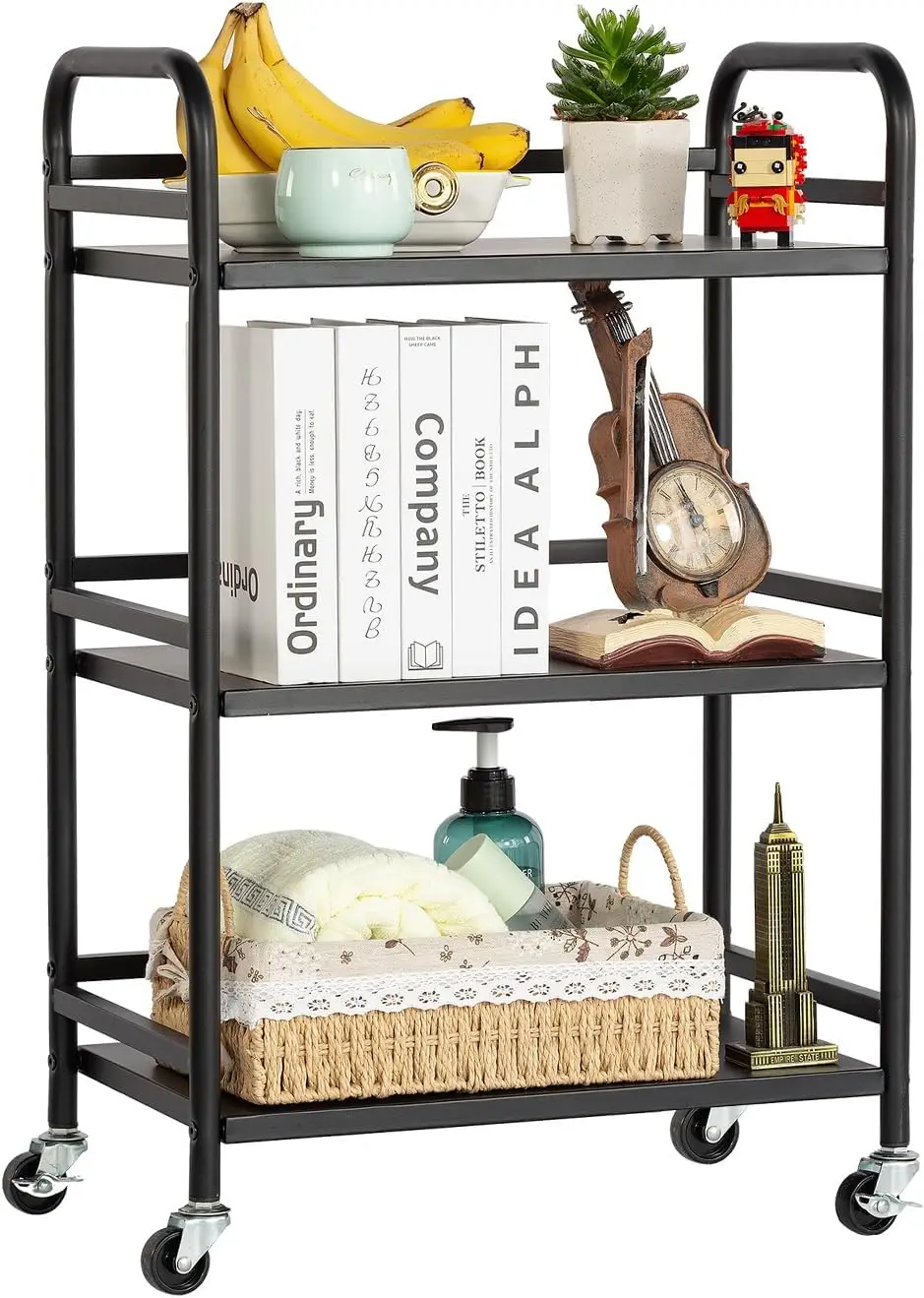 

3-Tier Rolling Cart with Lockable Wheels, Heavy Duty Metal Frame Supports 22 Lbs Per Tier for Home, Office, Kitchen