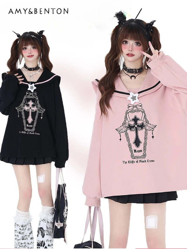 

Original Sailor Collar Cartoon Print Goth Two-Dimensional Hoodies Preppy Style Kawaii Oversized Sweatshirt Spring and Summer New