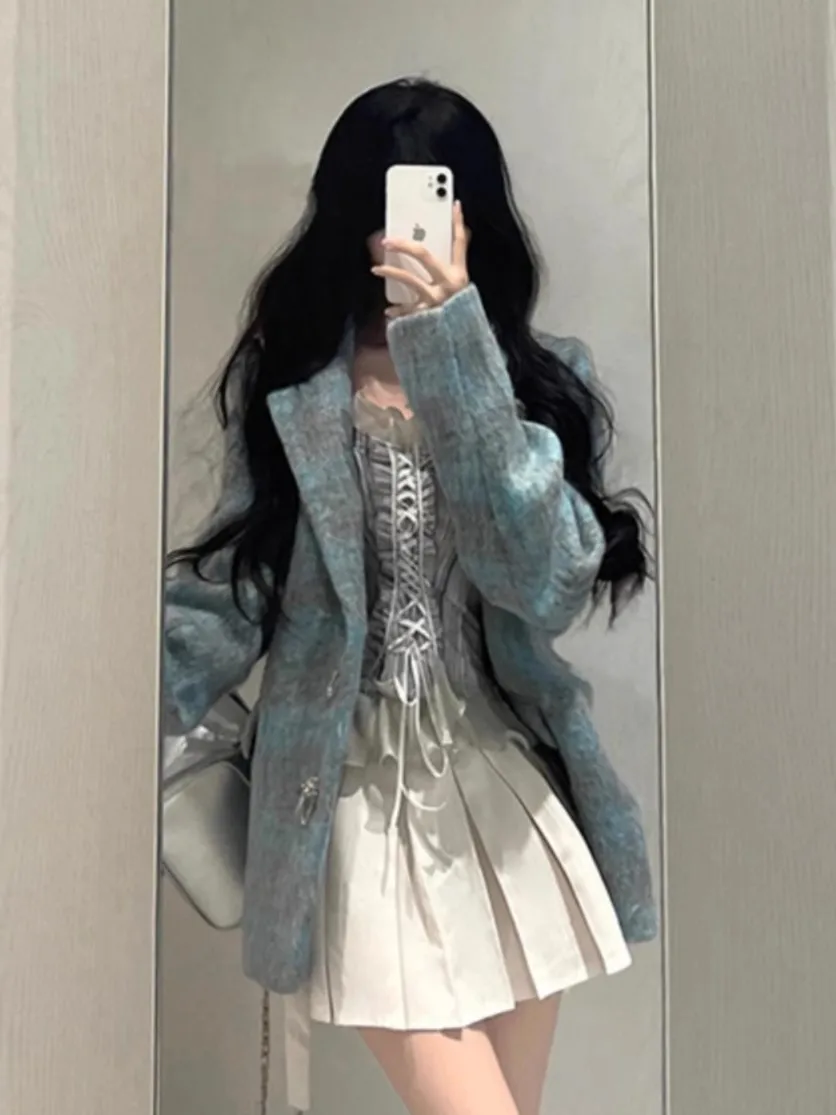 

Tweed Jacket Teen Top Womens Demi-Season Minimalism Asymmetrical Soft Long-Sleeved Shearling Fitting Bohemian Turtleneck Fleeced