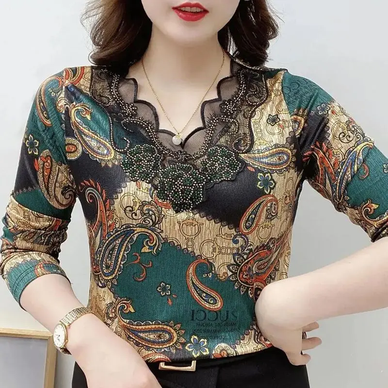 Women\'s Clothing Paisley Printed T-shirt Floral Vintage Spring Autumn Lace Patchwork Chic Diamonds Folk Slim V-Neck Pullovers