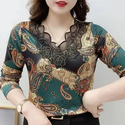 Women's Clothing Paisley Printed T-shirt Floral Vintage Spring Autumn Lace Patchwork Chic Diamonds Folk Slim V-Neck Pullovers