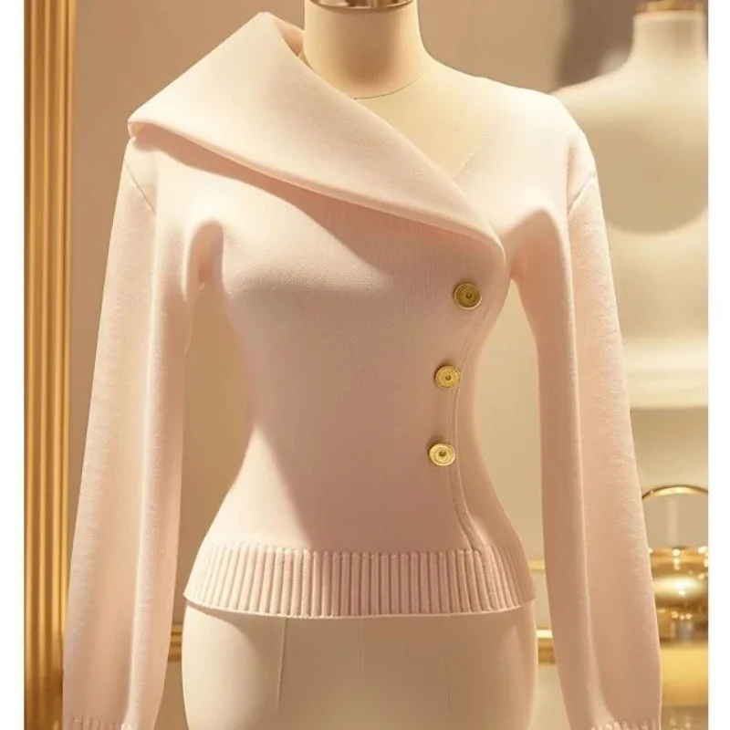 High-end Turn Down Collar Asymmetric Jacket Autumn Winter Knitted Coats Women Slim Sweater Design Tops Long Sleeve Coat Trend