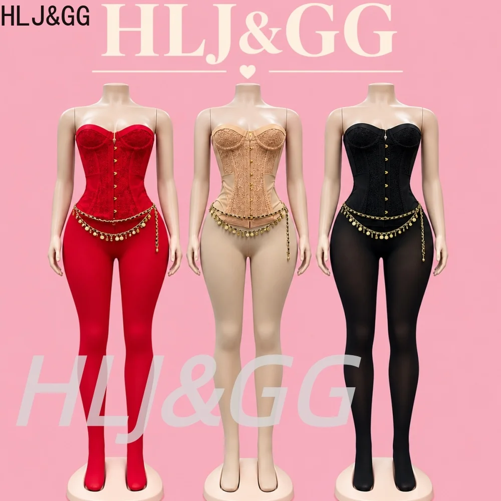HLJ&GG High Waist Fashion Body Shaping 2Pcs Corset Set Women Lace Slim Tube And Leggings Socks Sexy Slim Casual Street Clubwear