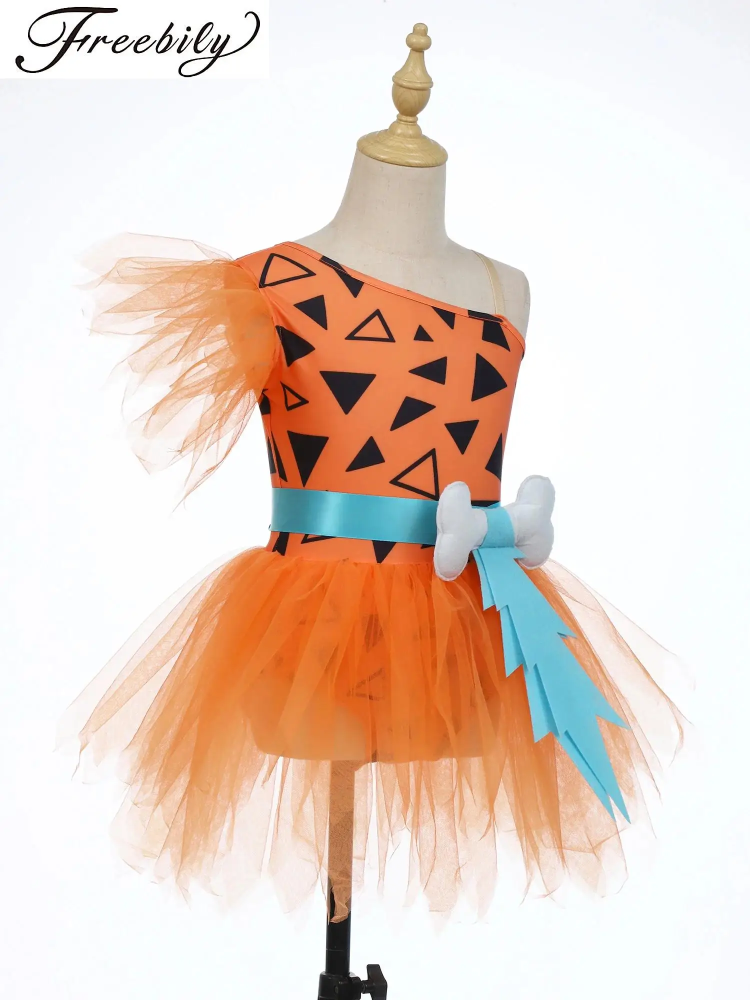 

Girls One Shoulder Ruffle Mesh Tutu Dress Halloween Caveman Dog Bones Dress for Historical Stone Age Primitive Caveman Costumes
